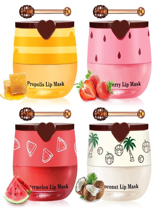 كيو اي يو اف اس اس اي مجموعة مرطب شفاه QIUFSSE Honey Pot، 4 قطع، مرطب شفاه بنكهة الفراولة والبطيخ وجوز الهند والعسل، مرطب شفاه النحل ومرمم، قناع ليلي للوقاية من جفاف وتشقق الشفاه - Image 1